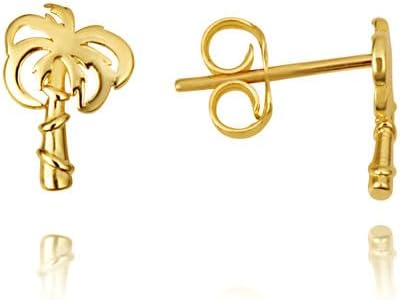 Palm Tree Beach Stud Earrings Real Solid 14K Yellow Gold
