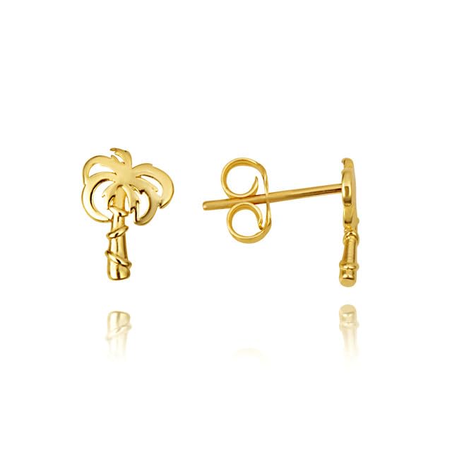 Palm Tree Beach Stud Earrings Real Solid 14K Yellow Gold