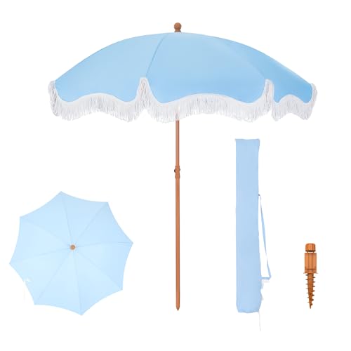 PHI VILLA Sonnenschirm Balkon Sonnenschutz 200 cm Knickbar Rund mit Fransen, Boho Strandschirm Garten Windbeständig Sonnenschirme Balkonschirm mit Erdspieß für Terrasse, UPF 50+, Himmelblau PHI VILLA Sonnenschirm Balkon Sonnenschutz 200 cm Knickbar Rund mit Fransen, Boho Strandschirm Garten Windbeständig Sonnenschirme Balkonschirm mit Erdspieß für Terrasse, UPF 50+, Himmelblau