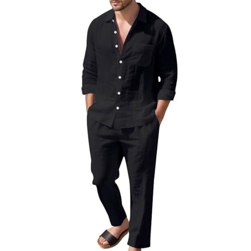 RUMAOZIA Traje de lino de dos piezas para hombre, pantalones de lino de verano y camiseta de lino, 2 piezas, traje de tiempo libre, camisa de lino y pantalones, conjunto casual, chándal de
