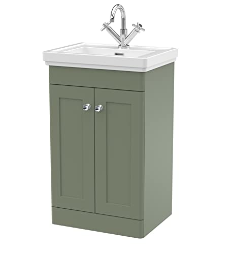 nuie Traditional Bathroom Floor Standing 2 Door Vanity Unit with 1 Tap Hole Fireclay Basin, 500mm, Satin Green