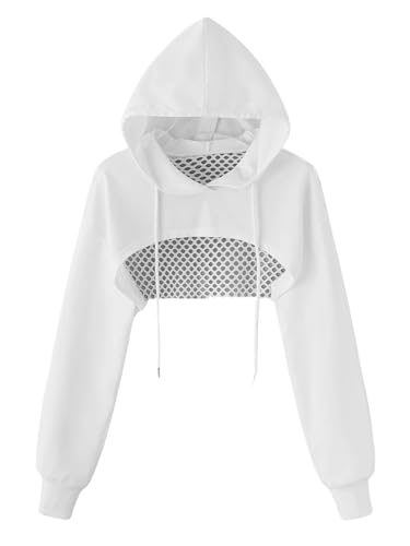 SHENHE Women's Fishnet Long Sleeve Drawstring High Low Workout Hoodie Crop Tops