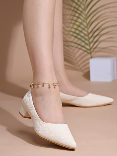 Image of Shoetopia Women's Low Block Heel Pumps - Elegant Pointed Toe Slip-On Dress in Textured Finish - Comfortable Office & Formal Footwear