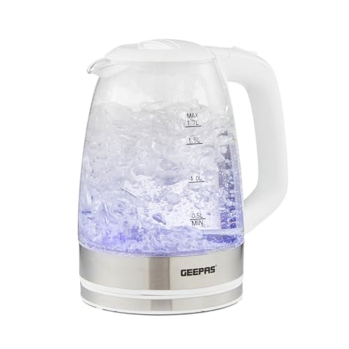 GEEPAS Illuminating Electric Glass Kettle | 1.7L Cordless Jug Kettle with Stainless Steel Heating Element Auto Shut Off Boil-dry Sensor | Safety Locking Lid Cord Storage | 2 Year Warranty 2200W White