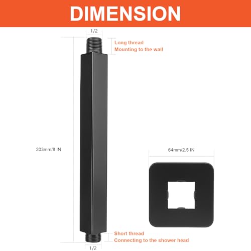 Image of Ceiling Mounted Shower Arm, Rain Shower Square Extension Arm with Flange and Teflon Tape Stainless Steel Ceiling Mount Shower Extender (8 Inch, Matte Black)