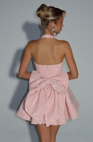 Sequin Homecoming Dress with Bow Halter Short Cocktail Party Gowns for Teens A Line Corset Formal Dress2