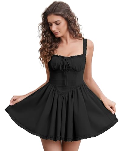 Image of Womens Summer Floral Mini Dress Square Neck Tie Front Lace Spliced Ruched Backless Casual Party Graduation Short Dresses