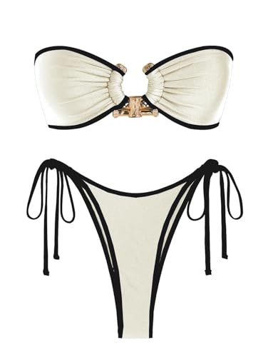 ZAFUL Metal Ring Bandeau Bikini Set Tie Side Bathing Suit High Cut 2 Piece Swimsuit Cutout Swimwear