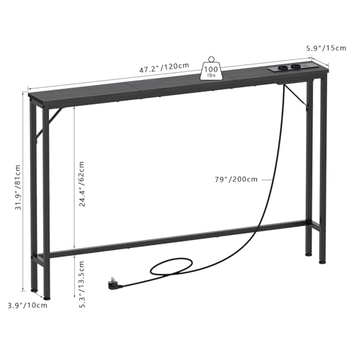 VEDECASA Mesa consola de 15 cm con estación de carga y puertos USB, mesa auxiliar estrecha, mesa baja, para entrada, salón, pasillo, oficina - imagen 2