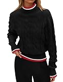 ZESICA Women's Casual Long Sleeve Mock Neck Cable Knit Contrast Color Fall 2026 Winter Chunky Pullover Sweater,Black,Medium