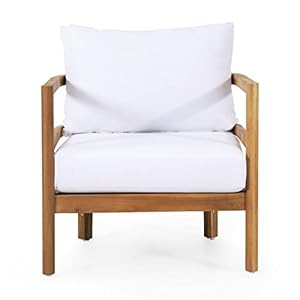 Acacia Wood Outdoor Club Chair with Cushions White Transitional Fabric Arm Chairs Removable