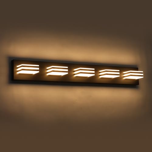 Image of LED Wall Black Vanity Lights for Bathroom Light Fixtures 30W Adjust 3 Colors Modern Bath Lighing Over Mirror Acrylic Heads LED Vanity Light (5-Light,34inch)