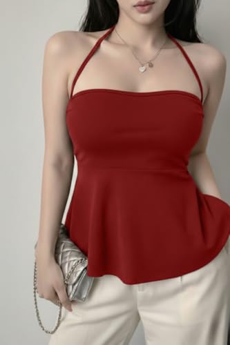 Image of TIVANTE Women's Halter Neck Peplum Top, Sleeveless Backless Fitted Top