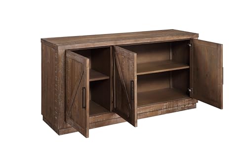 Steve-Silver-Furniture-Riverdale-Server-Modern-RanchRustic-Design-65-L-Buffet-Server-Barn-Style-Doors-Two-Shelves-for-Storage-Three-Doors-Plinth-Base-195-D-x-65-W-x-34-H-Brown Steve Silver Furniture Riverdale Server Modern RanchRustic Design 65 L Buffet Server Barn Style Doors Two Shelves for Storage Three Doors Plinth Base 195 D x 65 W x 34 H Brown