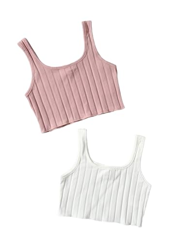 SHENHE Girl's 2 Piece Sleeveless Scoop Neck Ribbed Lettuce Trim Tank Crop Tops