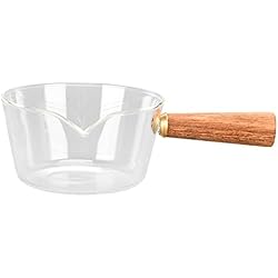 Cacerola De Vidrio Para Estufa BORDSTRACT Olla Para Calentar Leche,cazo de Leche Con Mango de Madera,con Pico En Forma de V Para Cocinar En Casa,ideal Para Calentar Leche, Ensaladas,Pasta, Etc(400ml)