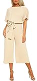 CHARTOU Women's Short Sleeve Bow Tie Wide Leg Cropped Capri Romper Palazzo Pants Jumpsuit (Medium,Beige)