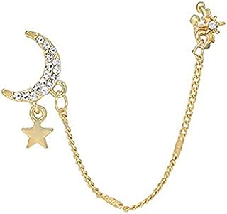 Cimenexe Bohemian Paved Moon Cuff Chain Earrings Crystal Cz Northstar Cuff Chain Earrings Star Cartilage Tassel Earring Gold Rhinestone Helix Chain Earrings Jewelry for Women and Girls