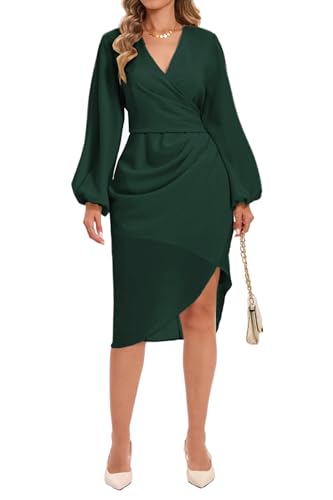 Image of Women's Wrap V Neck Asymmetrical Hem Midi Ruched Cocktail Evening Dress | Back Zipper, Regular Fit, Club Night, Semi Office Formal, Wedding Dinner Date, Flutter Short Sleeve