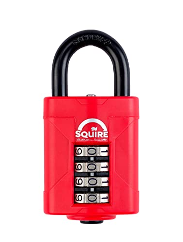 Squire Heavy Duty Padlock (CP50RED), Toughest Steel Shackle, 4 Wheel 50mm Wide Combination Padlock (Red)