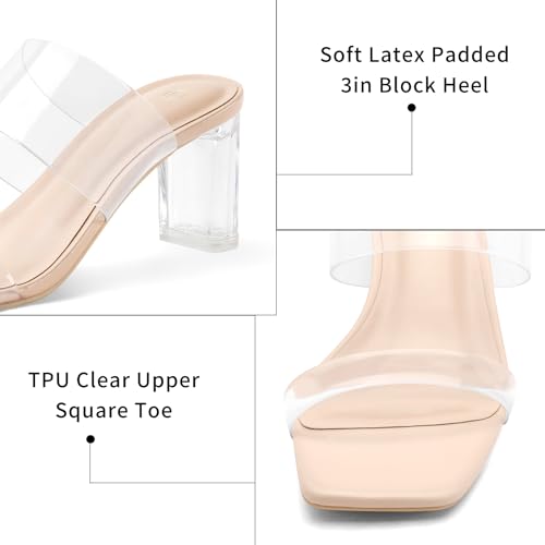 Image of mysoft Women's Clear Heels Square Toe Chunky Block Heel Sandals | 3 Inch Block Heel, Two Clear Straps, Slip On, Square Open Toe, Comfortable, Lightweight, Daily Walking, Party, Summer Dressy