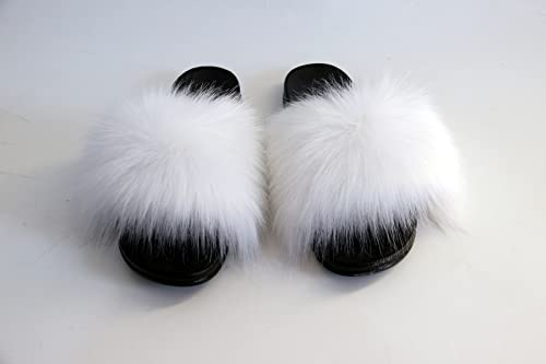 Image of MH Bailment Womens Furry Fluffy Slippers Faux Fur House Slippers Open Toe Fuzzy Slides Soft Flat Slip On Sandals for Indoor Outdoor
