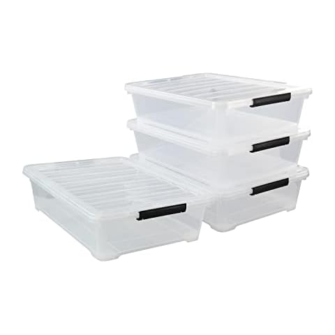 Afromy Set of 4 Plastic Underbed Storage Containers, Stackable Stoarge Box with Lids/wheels, Transparent Cover