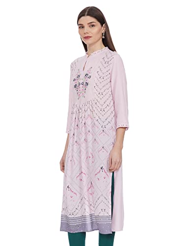 Image of W for Woman Women Viscose Orchid Pink Floral Print Straight Kurta
