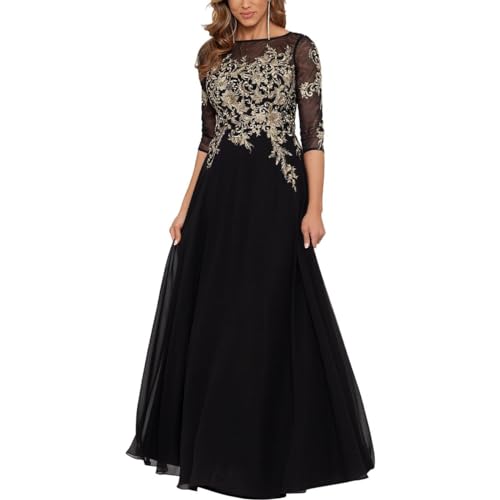 Image of Betsy & Adam Womens Metallic Embroidered Evening Dress Black 12, Black /Gold