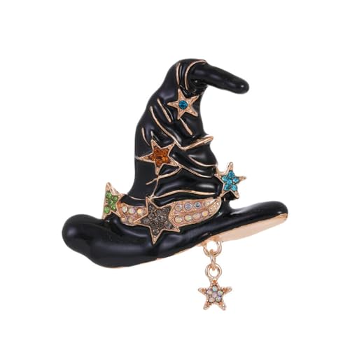 Image of Vintage Witch Hat Star Colorful CZ Dangle Black White Enamel Halloween Brooch Lapel Pins for Women Girls Boys Gold Plated Fashion Magic Witch Brooches Pin Cute Holiday Party Hat Bag Suit Accessories Jewelry Gift
