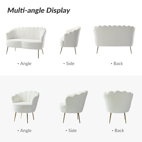 Image of HULALA HOME 3 Piece Velvet Living Room Furniture Set, Including Loveseat & 2 Sofa Chairs, Modern Comfy Upholstered 2-Seater Sofa & Accent Chair Set for Bedroom, Flower Shaped Back & Gold Legs, Ivory
