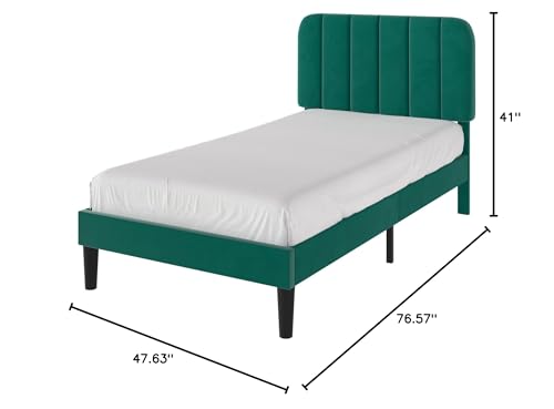 Image of VECELO Twin Size Bed Frame with Upholstered Headboard, Velvet Platform Bedframe Mattress Foundation, Strong Wood Slat Support, No Box Spring Needed,Green