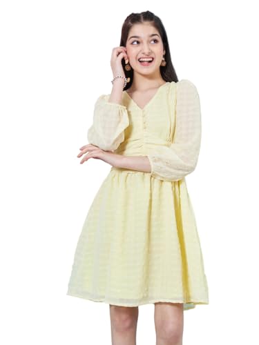 Pspeaches Stylish Self-Design Puff Sleeve Georgette Fit & Flare Yellow Dress Fashinable & Tendy (14-15Years)