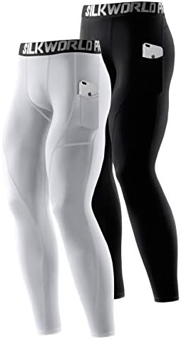 SILKWORLD Men's Compression Pants Pockets Cool Dry Gym Leggings Baselayer Running Tights(Large,2 Pack: Black+White)