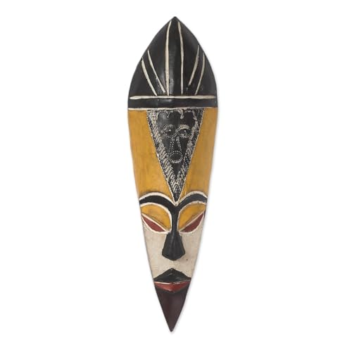 NOVICA Decorative Ghanaian Large Wood Mask, Yellow 'Gonja Protector from Evil'