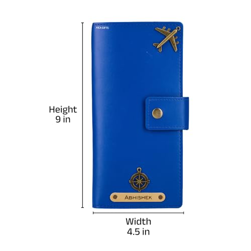 Image of AICA Personalized Name & Charm Long Leather Wallet Passport Cover with Passport, Boarding Pass, Currency, Card Slot & Coin Holder for Men & Women (RoyalBlue)