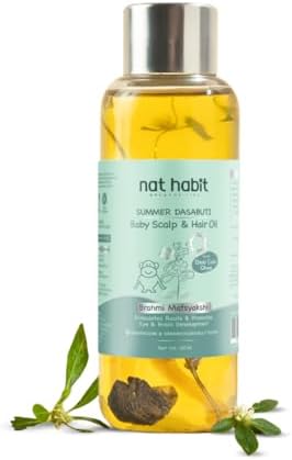 Nat Habit Summer Baby Hair Oil for Kids 0-5 Years | Ayurvedic Hair Oil for Baby with Brahmi, Matsyakshi & Dasabuti | Baby Hair Growth Oil with Desi Ghee & Cold Pressed Oils | Cools Body, Aids Sleep, 110ml