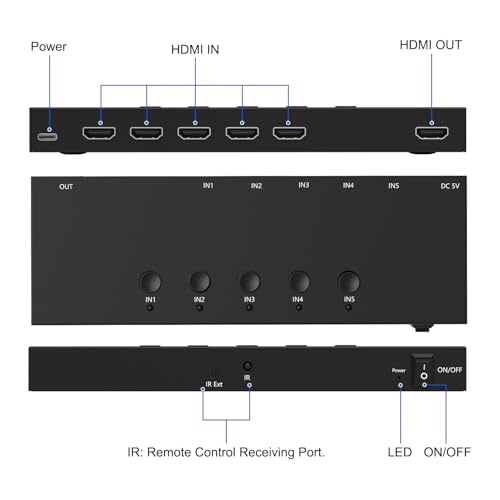 Image of 5 Way HDMI Switch 4k@60Hz HDMI Switcher 5 in 1 Out HDCP 2.0 Manual HDMI 2.0 Hub Supports 3D Compatible with Nintendo Switch /Switch OLED /Xbox / PS5 /4 /3 Blu-Ray Player Fire Stick Roku Apple TV Chromeca