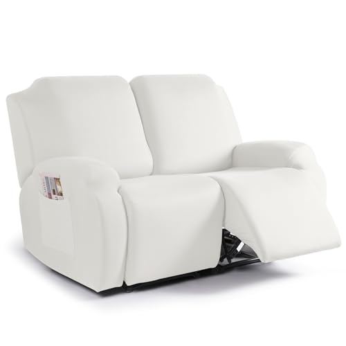 Image of TAOCOCO Recliner Loveseat Slipcover, 2 Pieces Polyester Fabric Stretch Sofa Covers for 2 Seat Reclining Couch, Soft Washable Furniture Protector with Pockets (2 Seat, Milk White)