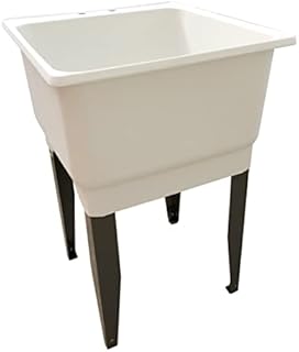 Free Standing Laundry Tub White Utility Sink Basin Fixture with Floor Mount Grey Steel Legs, 23 in. Wide, 25 in. Long, 15 in. Height, 4 in. Center set Holes