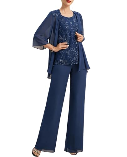 Women's 3 Pcs Mother of The Bride Pantsuits with Jacket Lace Applique Formal Pant Suit with Sleeves4