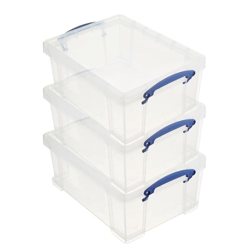 Really Useful Box Stackable 9 Liter Plastic Storage Container Bin with Snap Lid and Built-In Clip Lock Handles for Home & Office Organization (3 Pack)