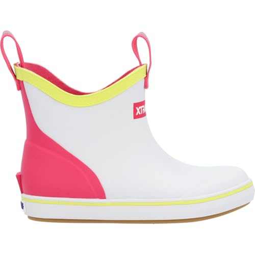 XTRATUF Little Kids Ankle Deck Boot - Size 12 White Multi Pink - Lightweight 100% Waterproof Rubber Footwear for Boys & Girls - Non-Marking Slip-Resistant Outsole - Moisture-Wicking Liner