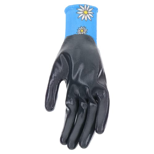 Mud Grip Women's Daisy Printed Polyester Shell And Flat Nitrile Coated Palm Gardening Gloves, Superior Grip, Water Resistant, Extreme Comfort, Blue, Medium/Large, (Md31001B-Wml) #TOP4