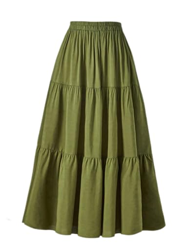OSTOO Women's Summer Long Flowy Renaissance Skirt with Pockets - Boho High Waist A-Line Maxi Skirt（Olive Green,XL