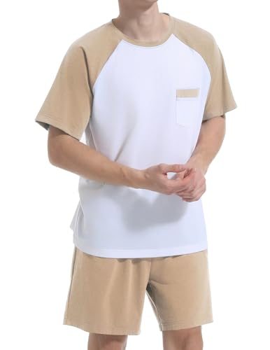 Mens Pajamas Set Summer Pjs Sleepwear Lightweight Loungewear Soft Short Sleeve Sleep Set With Pocket S-2XL