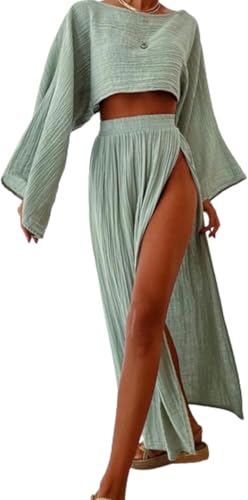 LAPRBY Two Piece Sets for Women Summer Old Money Long Vest Set Boho Maxi Skirt Set Linen Set 2 Piece Sets for Women Going Out (Green,Small)