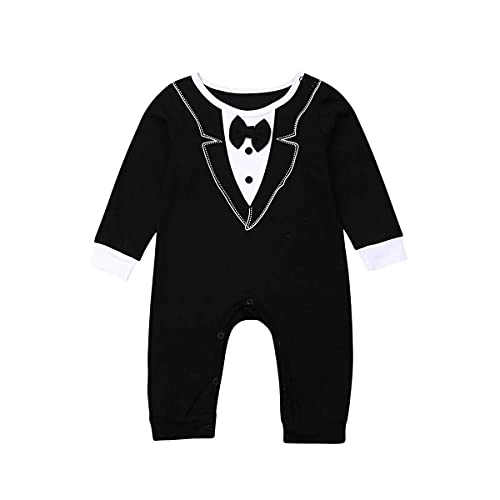 Kavousa Newborn Baby Boy Gentleman Romper with Tuxedo Bowtie Long Sleeve Cotton Jumpsuit Onesie Formal Clothes (Black,0-6 Months)
