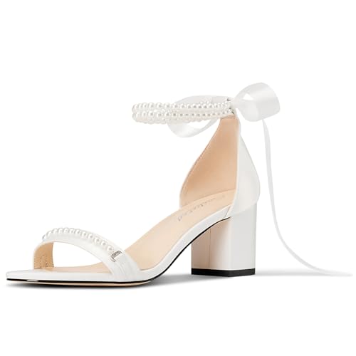 Saekcted Womens Chunky Block Heel Round Open Toe Sandals Bridal Shoes Ankle Strap Lace-up Pearls Wedding Cute Satin 2.6 Inches Heels