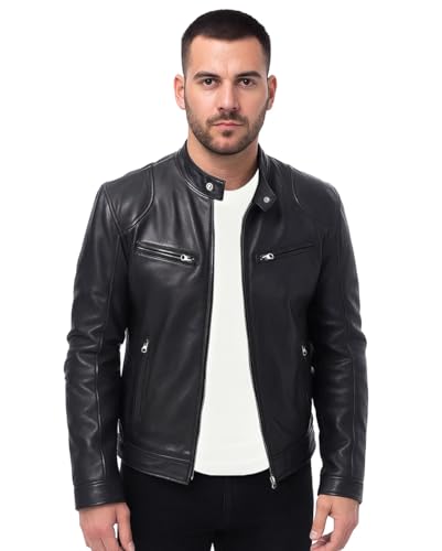 Image of Men's Real Leather Jacket Biker Motorcycle Cafe Racer Vintage Retro Bomber Winter Black Genuine Leather Jacket